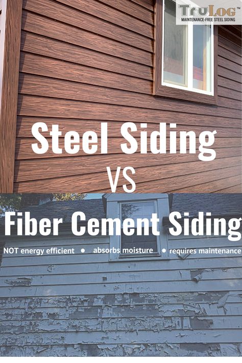 When comparing these two powerhouse materials used for siding—steel and fiber cement—you will find that steel has the advantage by a long shot. Steel siding offers more opportunities for creating unique exterior designs, while providing enhanced durability and weather tolerance. Exterior House Siding, Steel Siding, Fiber Cement Siding, Cement Siding, Green Exterior, Log Siding, Home Building Tips, Home Exterior Makeover, Exterior Makeover