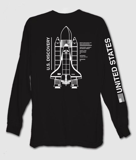 NASA US Discovery Space Shuttle Mens Long Sleeve T-Shirt Nasa Tshirt, Black Holes In Space, Nasa Planets, Hoody Outfits, Look Both Ways, Crossing The Street, Embroidered Fashion, Nasa Space Shuttle, Space Shirts