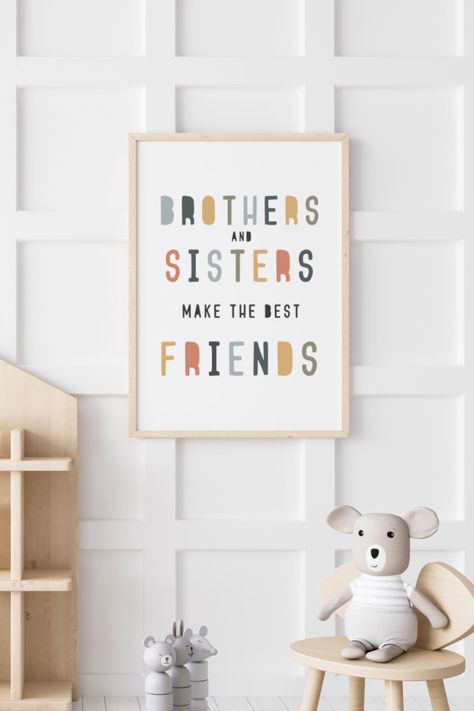 Brother And Sister Playroom Ideas, Unisex Toddler Bedroom, Sisters Make The Best Friends, Friends Wall Art, Sibling Room, Toddler Decor, Indoor Playroom, Sister Room, Shared Room