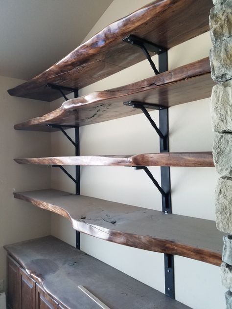 Iron shelving brackets Live edge black walnut Live Edge Wall Shelves, Live Edge Closet Shelves, Live Edge Pantry Shelves, Raw Edge Kitchen Shelves, Live Edge Bookshelves, Diy Live Edge Shelf, Live Edge Library Shelves, Live Edge Wood Bookshelf, Live Edge Desk And Shelves