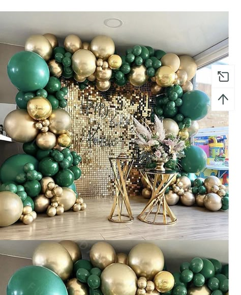 Gold And Green Theme Party, Green And Gold Party Decorations Backdrop Ideas, Burgundy And Gold Balloon Arch, 50th Birthday Ideas For Women Green And Gold, Green And Gold 60th Birthday Party Decor, Green And Gold Themed Birthday Party, Sweet 16 Decorations Green And Gold, Green And Gold Reception Decor, Gold And Green Decorations Party