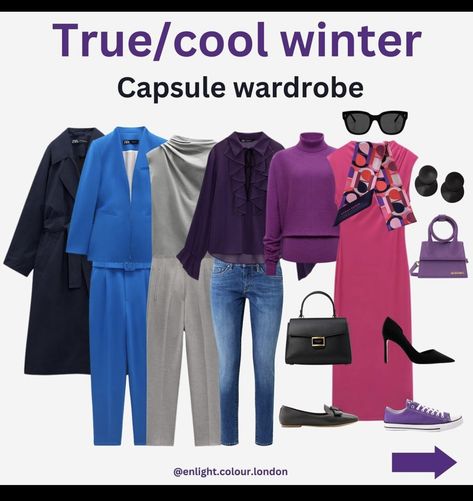 True Winter Colour Palette Outfits, Cold Winter Palette Outfit, Winter Colour Palette Fashion, True Winter Capsule Wardrobe, Winter Color Palette Outfits, Winter Pallet, True Winter Palette, Color Analysis Winter, Bright Winter Outfits