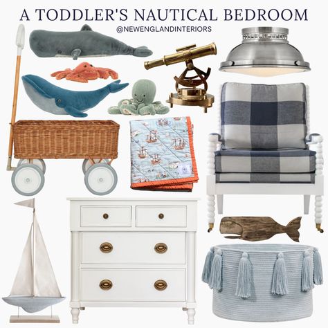 New England Interiors • A Toddler’s Nautical Bedroom • Storage Basket, Chair, Nautical Stuffed Animals, Lighting, Toddler Accessories, Accents & Decor. New England Nursery, Maine Themed Nursery, Vintage Nautical Nursery, Kids Nautical Room Target, Nautical Kids Bedroom Pottery Barn Kids, Nautical Crib Bedding Boy, New England Interior, Cottage Nursery, Bedroom Coastal