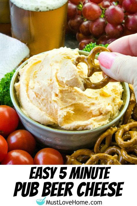 Easy Pub Style Beer Cheese Dip - served warm or cold, this dip is a winner! Great for Game Day or any occasion where you want a creamy cheese snack. Beer Cheese Dip For Pretzels Cold, Beer Cheese And Pretzels, Bar Cheese Recipe, Cold Beer Cheese Dip, Pub Beer Cheese, Bunco Appetizers, Beer Cheese Recipe, Pub Cheese, Cheese Dips