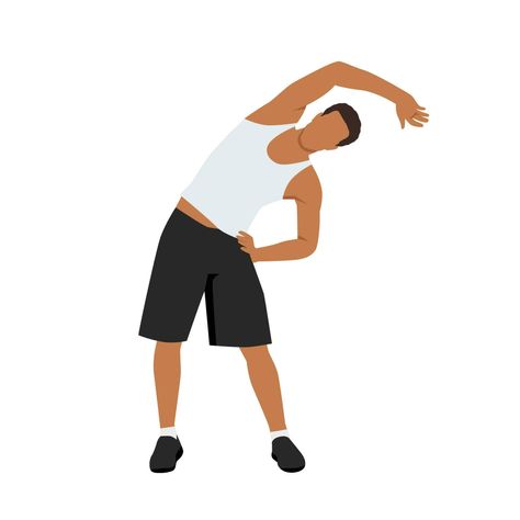 Man doing side bends, stretching hand on hips. Sport exercise, fitness workout. Flat vector Exercise Clipart, Man Stretching, Side Bends, Sport Exercise, Hands On Hips, Boy Illustration, Lower Back Exercises, Stretching Exercises, Waist Workout