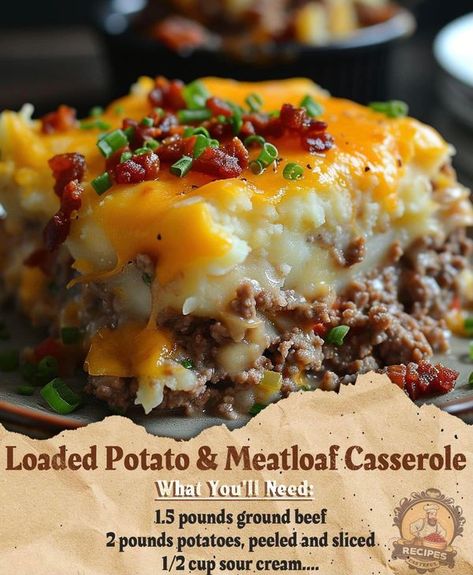 The Pioneer Woman Ree Drummond Community! | Let's whip up a hearty Loaded Potato & Meatloaf Casserole | Facebook Loaded Potato Meatloaf, Potato Meatloaf Casserole, Meatloaf Casserole, Loaded Potato, Beef Casserole Recipes, Easy Homemade Recipes, Beef Recipes Easy, Beef Recipes For Dinner, Easy Family Meals