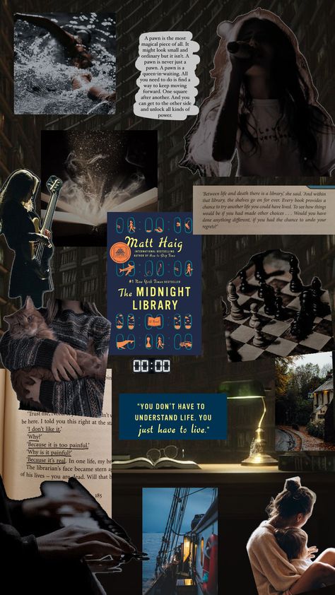 The Midnight Library Fanart, Book Collage Aesthetic, Nora Seed The Midnight Library, The Midnight Library Aesthetic, The Midnight Library Quotes, The Midnight Library Book Cover, The Midnight Library, Books Recs, Books Collage