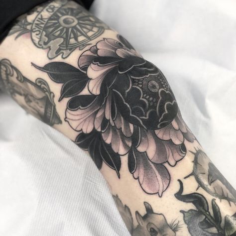 Thanks anousak for getting this black peony knee banger. Sat great @thetallonco @blackgardentattoo #tattoo #tattoos #peony #peonytattoo… Knee Cover Up Tattoo Women, Peonies Knee Tattoo, Dark Peonies Tattoo, Blacked Out Peony Tattoo, Neo Traditional Peony Tattoo Black, Knee Tattoo Cover Up Ideas, Knee Tattoo Peony, Black Rose Knee Tattoo, Black And Grey Knee Tattoos