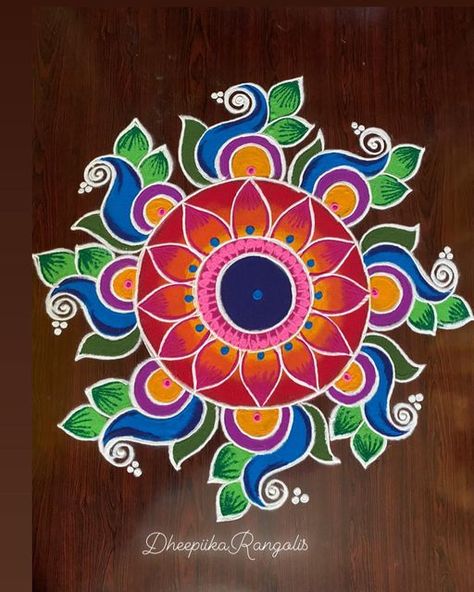 Goverdhan Puja Rangoli, Small Rangoli Design With Colours, Paint Muggulu On Floor, Rangoli Muggulu Designs, Everyday Rangoli Designs, Mugulu Designs Latest With Colours, Simple Colour Rangoli Designs, Simple Flower Design Rangoli, Rangoli Designs With Paint