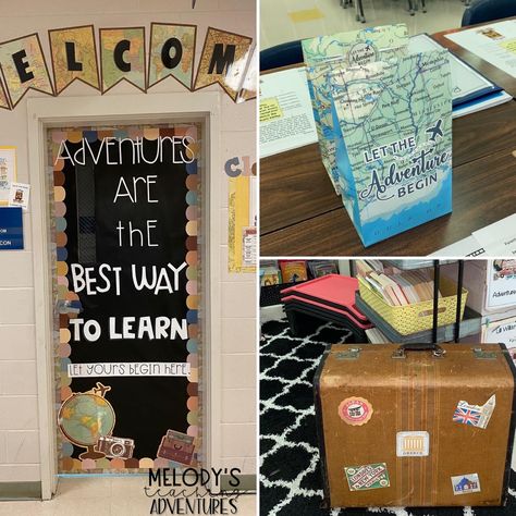 Travel Theme Door Decorations, Explore Classroom Theme, Travel Classroom Door Ideas, 3rd Grade Door Decoration Ideas, Australia Decor, Middle School Social Studies Classroom, Special Education Classroom Organization, Travel Classroom, Adventure Classroom