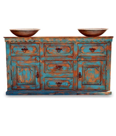 Anson Distressed Rustic Vanity 1014 Turquoise Vanity, Mexican Bathroom, Rustic Buffet, Copper Sinks, Bathroom Vanity Makeover, Rustic Vanity, Farmhouse Bathroom Vanity, Rustic Bathroom Vanities, Copper Bathroom