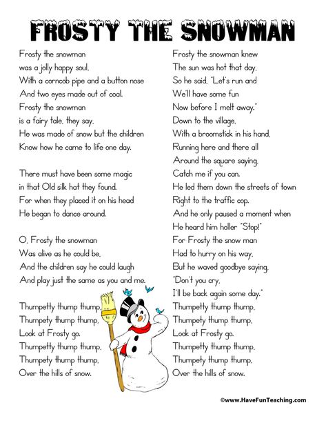 How to use Song Lyrics Using Frosty the Snowman Lyrics, students can follow along with the memorable song in order to know the which words to sing! Your students probably love… Frosty The Snowman Lyrics, Snowman Lyrics, Christmas Song Lyrics, Snowman Songs, Snowman Printable, Christmas Carols Lyrics, Christmas Carols Songs, Christmas Songs For Kids, Merry Christmas Song