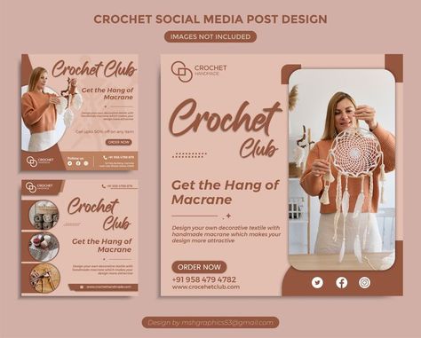 An amazing post design of crochet club created on photoshop, minimalistic layout, typography, design and elements Crochet Stitches Cheat Sheet, Club Social Media, Post Template Design, Social Media Post Template, Social Media Post Design, Club Design, Post Design, Post Templates, Stitch Design