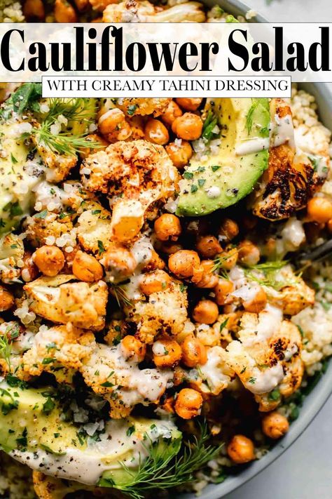 This Cauliflower Salad with Creamy Tahini Dressing combines roasted cauliflower & chickpeas with fluffy quinoa and creamy avocados. It’s a healthy, protein-packed salad that can be made ahead of time. // healthy // recipe // cold // vegan Cauliflower Chickpea Salad, Roasted Cauliflower Chickpea, Cauliflower Chickpea, Packed Salad, Fluffy Quinoa, Roasted Cauliflower Salad, Easy Cauliflower, Warm Salad, Vegan Salad Recipes