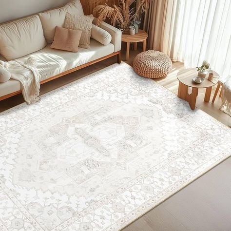 Amazon.com: Washable 5x7 Area Rugs Non Slip 5x7 Rug Low Pile Rug Floor Carpet Distressed Printed Area Rug Soft Area Rug for Living Room Bedroom Dinning Room Kitchen Indoor-Cream White : Home & Kitchen Cute Bedroom Rug, Neutral Living Room Rug Ideas, Asthetic Rugs, Bedroom With Rug, White Area Rug Living Room, Dorm Room Rugs, White Rugs, 5x7 Rug, Low Pile Rug