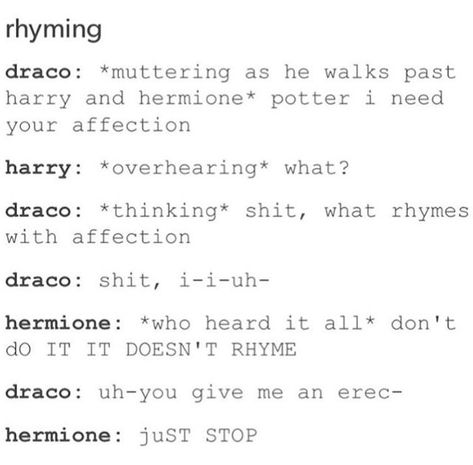 Drarry Fanart Kiss, Drarry Headcanons, Harry Potter Texts, Drarry Fanart, Funny Harry Potter Jokes, Funny One Liners, Harry Draco, Harry Potter Memes Hilarious, Gay Harry Potter