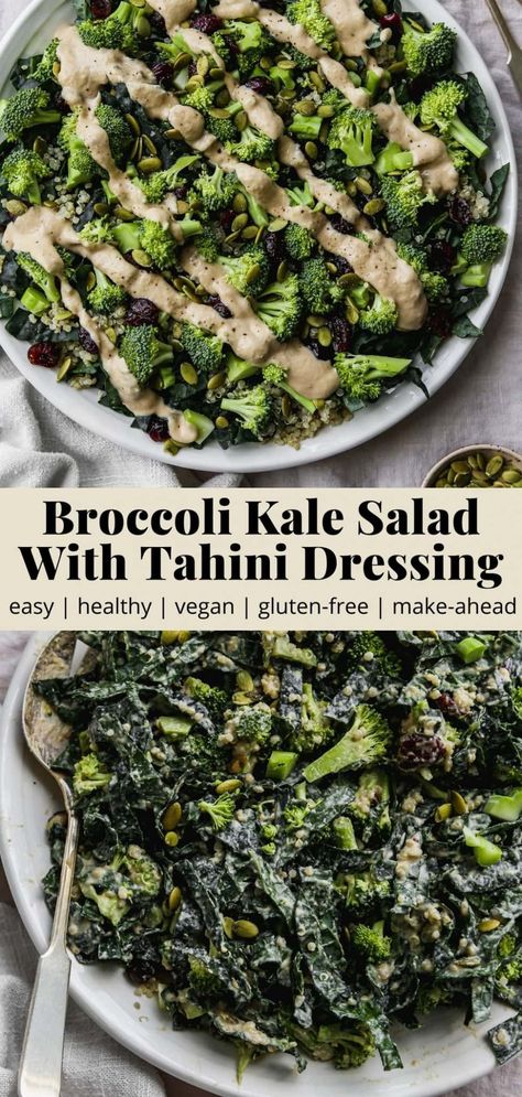 Broccoli Kale Salad, Walder Wellness, Salad With Tahini Dressing, Healthy Broccoli Salad, Winter Salad Recipes, Healthy Broccoli, Protein Recipe, Kale Salad Recipes, Crunchy Salad