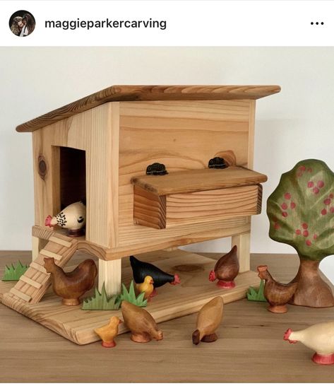 Toy Chicken Coop, Homemade Wooden Toys, Wood Chicken Coop, Wooden Toy Farm, Wooden Farm Animals, Odin Parker, Fox Pups, Wood Figures, Wooden Toys Diy