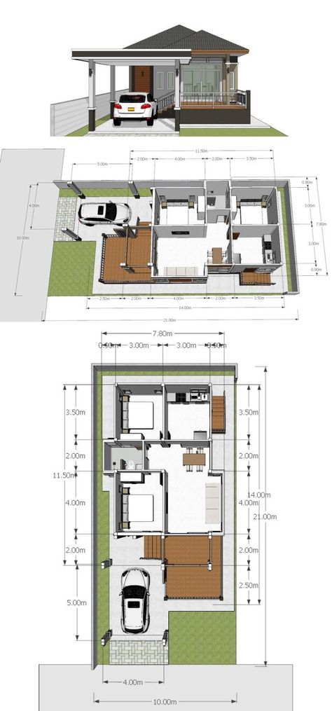 Compact Single-storey House Design for Beginners or Small Family Small Log Home Plans, Detailed House, Single Storey House Plans, Narrow House Designs, Narrow House Plans, House Plans Ideas, One Storey House, Bungalow Floor Plans, Little House Plans