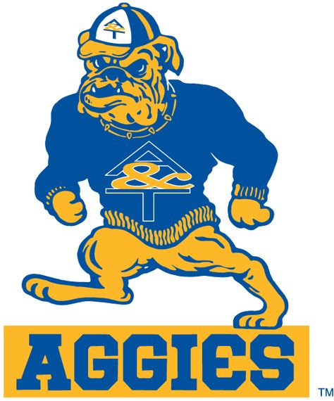 North Carolina A&T Aggies Primary Logo (1988) - Dog with blue shirt with A&T on it Cricket Joy Projects Craft Ideas, Omega Psi Phi, Virtual Museum, College Logo, Sports Logos, Football And Basketball, Historical Pictures, Sports Logo, On Display