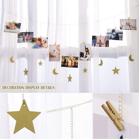 Photo Hanging Display Star Moon Garland with Chains For Home Decor. Moon Garland, Hanging Photo Display, Picture Frame Collage, Home Office Nursery, Photo Wall Display, Frame Collage, Wood Clips, Dorm Living Room, Office Nursery