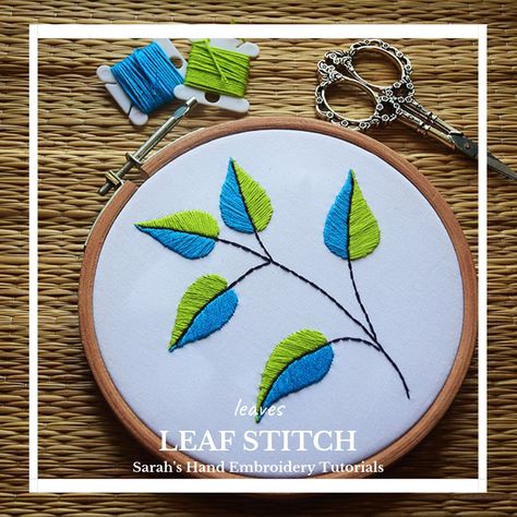 Leaf Stitch Embroidery, Stitch Leaves, Dress Outline, Leaf Stitch, Button Hole Stitch, Leaves Embroidery, Kutch Work Designs, Floral Bedspread, Basic Embroidery