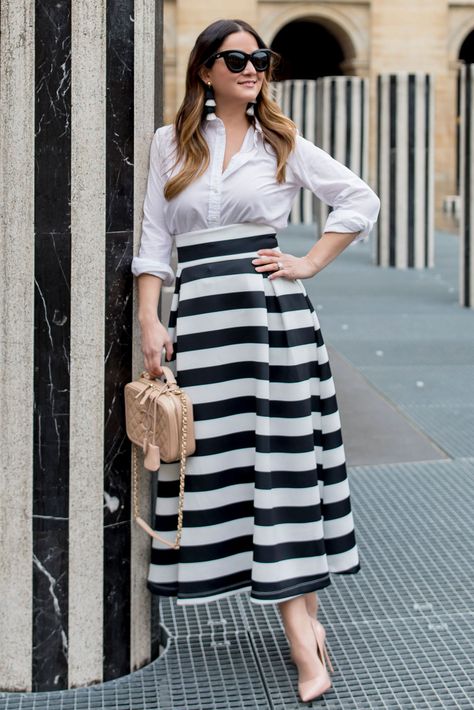 ASOS Black White Stripe Midi Skirt Black White Striped Skirt Outfit, Elegant Skirts Classy Short, Black Striped Skirt Outfit, Striped Skirt Outfit Black And White, Black And White Striped Dress Outfit, Black And White Striped Skirt Outfit, Black And White Skirt Outfit, Striped Jacket Outfit, Black And White Striped Outfit