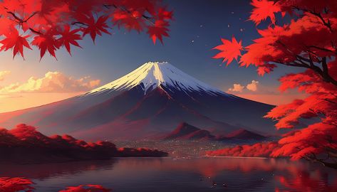 A stunning view of Mount Fuji framed by vibrant red maple leaves captures the essence of autumn in Japan. The fiery foliage contrasts beautifully with the snow-capped peak, while the serene waters below reflect the warm hues of the setting sun, creating a breathtaking and harmonious landscape.  anime, Mount Fuji, autumn, red maple leaves, sunset, serene, vibrant, Japan, landscape, tranquil, anime landscape, fiery, nature, peaceful, nice wallpaper. Japan Background Landscape, Anime Mount, Ps5 Wallpaper, Landscape Anime, Pink Floyd Wallpaper, Nature Peaceful, Japan Wallpaper, Nice Wallpaper, Anime Landscape