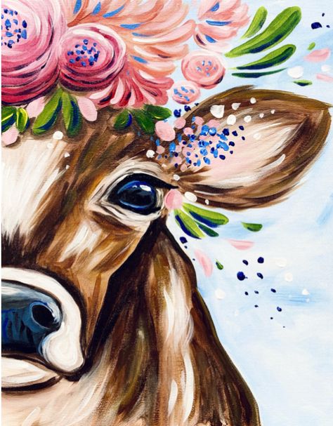 Spring Cow Step-by-Step | wendyanderson.art Whimsical Pig Painting, Farm Animal Paintings Easy Step By Step, Cow Art Painting, Easter Paint Night Ideas, Highland Cow Drawing Easy Step By Step, Easy Pictures To Paint For Beginners, Paint And Sip Picture Ideas, Cow Painting Step By Step, September Devotional