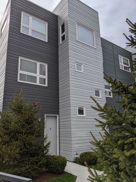 Light Grey Dark Grey House Exterior, Dark Grey House Exterior, Grey House Exterior, Dark Grey Houses, Grey Siding, Gray House Exterior, Townhouse Exterior, Apartment Exterior, House Colours