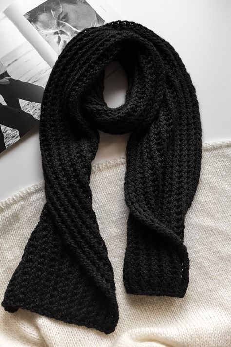 Black Knit Scarf, Black Knitted Scarf, Black Crochet Scarf, Crochet Head Scarf, Black Winter Hat, Black Wool Scarf, Crochet Scarf Patterns, Scarf Aesthetic, Crochet Mens Scarf