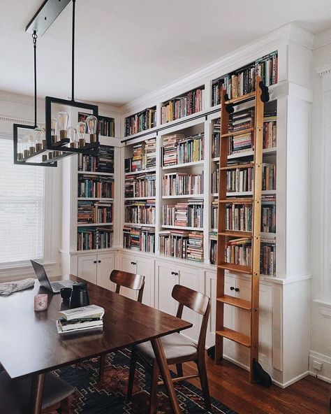 Dining Room Library Combo, Tiny Library Room, Libraries In Houses, Builtin Bookshelves, Small Home Library, Library Rooms, Dining Room Library, Home Library Rooms, Built In Shelves Living Room