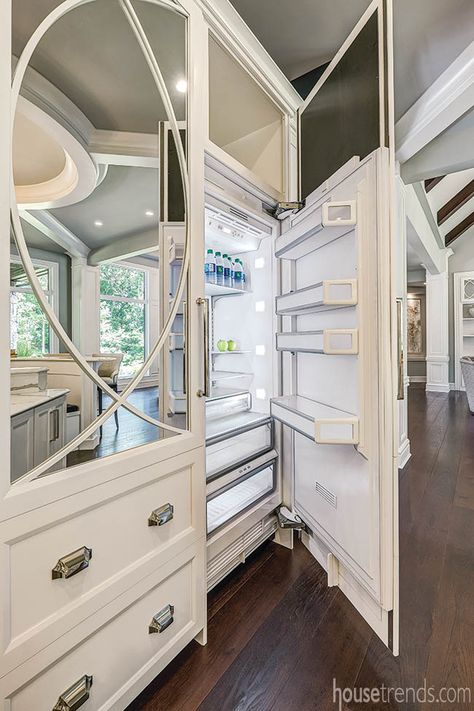 Custom door panels dress up a refrigerator - these doors would be fantastic for shoes and handbag storage in WIR Unique Interior Design Ideas, Custom Door Panels, Modern Traditional Home, Custom Refrigerator, Classic Home Furniture, Brick Interior, Traditional Home Decor, Handbag Storage, Unique Interior Design