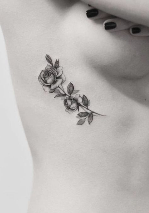 Rose On Ribcage Tattoo, Rose Tattoo For Cover Up, Line Leg Tattoos Women, Collar Bone Tattoo Rose, Rose Tattoo Rib Cage, Rose Tattoo Under Breast, Small Roses Tattoo, Flower Side Tattoos Women, Female Rib Tattoos