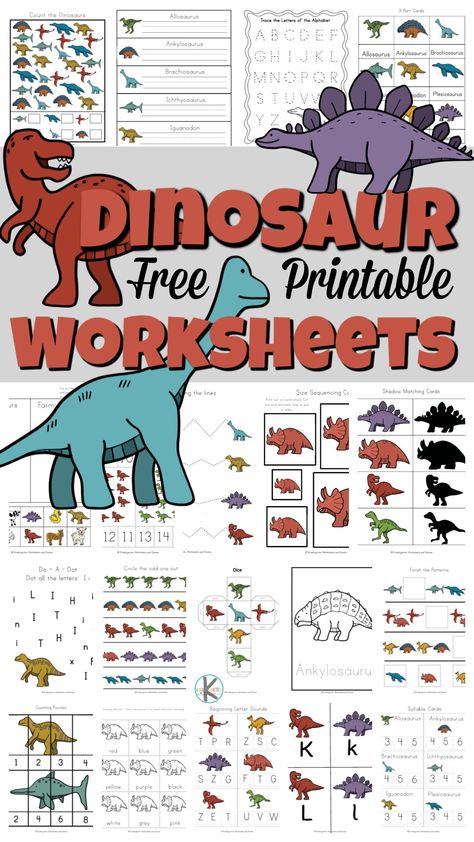 Dinosaurs Kindergarten, Dinosaur Worksheets, Stem Activities Kindergarten, Dinosaur Lesson, Dinosaur Activities Preschool, Homeschool Activity, Dinosaurs Preschool, Dinosaur Alphabet, Dinosaur Printables