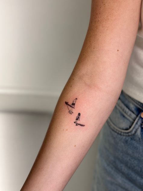 Fine Line Tattoo Of People, Microrealism Tattoo Ideas, Dog Tattoo Fine Line, Tiny People Tattoo, Silly Small Tattoos, Little People Tattoo, Cool Fine Line Tattoos, Dog Line Tattoo, Tiny Dog Tattoo