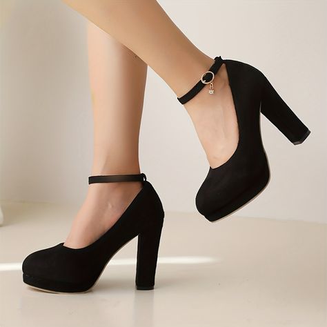 Cute Black Heels, Ankle Strap Chunky Heels, High Heels Black, Dress Heels, Platform Wedge Heels, Chunky High Heels, Platform Heels Chunky, Strap Pumps, Prom Shoes