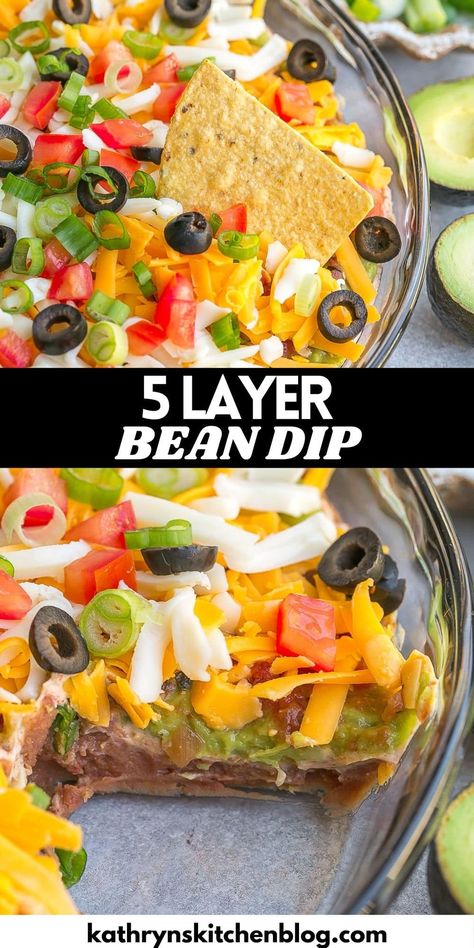 5 Layer Bean Dip (Easy 10 Minute Recipe) 5 Layer Bean Dip, Bean Dip Appetizer, Seven Layer Bean Dip, Layered Bean Dip Recipe, Layer Bean Dip, Easy Bean Dip, 7 Layer Bean Dip, Seasoned Sour Cream, Layered Bean Dip