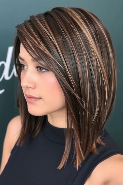 Chocolate Brown Angled Bob with Caramel Highlights Bob With Caramel Highlights, Chocolate Brown Bob, Blonde Angled Bob, Blonde Ombre Bob, Blonde Highlights Bob, Hairstyles For Seniors, Long Angled Bob, Layered Bob With Bangs, Angled Bobs