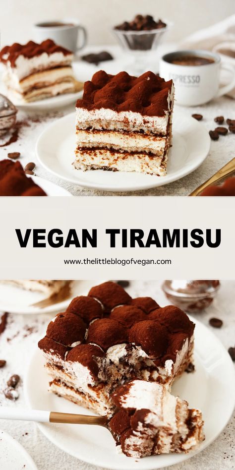 pinterest image for vegan tiramisu Vegan Tiramisu Recipe, Vegan Mascarpone, Vegan Tiramisu, Vegan Nutella, Vegan Baking Recipes, Italian Dessert, Protein Desserts, Tiramisu Recipe, Coffee Dessert