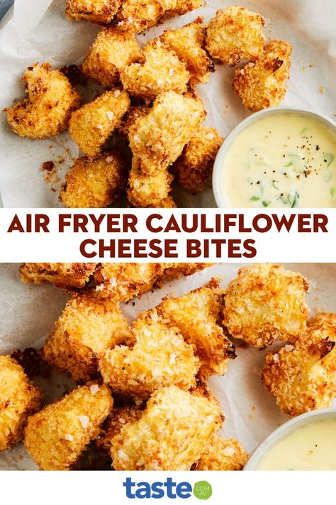 Forget deep frying, by cooking these cauliflower bites in an air fryer, you will cut back on the fuss and the oil. They make the perfect snack or you can also serve as a side dish, just drizzle the sauce on top. The smoky seasoning gives them that great barbeque taste. Deep Fried Cauliflower, Air Fryer Cauliflower, Cheese Bites Recipe, Doterra Recipes, Freezer Meal Prep, Cheesy Cauliflower, Cauliflower Cheese, Cauliflower Bites, Fried Cauliflower