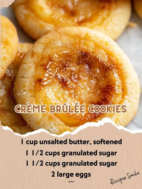 Recipes Smile | Crème Brûlée Cookies | Facebook Creme Brulee Bars Recipe, Creme Brulee Cookies, Creme Brulee Bars, Creme Brulee Cookie, Vanilla Custard Filling, Cookies Soft And Chewy, Cream Brulee, Cookies Soft, Caramelized Sugar