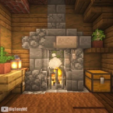 Mincraft Idea Bedroom Cottage, Minecraft Cabin Living Room, Minecraft Fireplace Cottage, Minecraft Living Room Cottage, Cozy Minecraft Cottage Interior, Minecraft Interior Ideas Cottage, Minecraft Medieval Fireplace, Tiny Minecraft Home, Living Room Minecraft Cottage