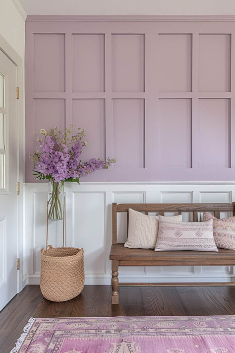 Pink Board And Batten With Wallpaper, Lavender Board And Batten Wall, Purple Board And Batten, Girls Room Board And Batten, Purple Board And Batten Nursery, Office Accent Wall Ideas, Purple Accent Wall, Purple Girls Bedroom, Feature Wall Bedroom