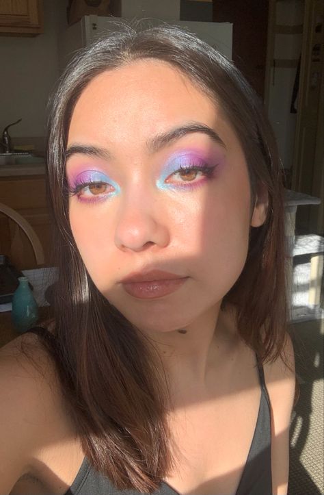 Purple Blue Eyeshadow Looks, Makeup Brown Eyes Colorful, Chromatic Eyeshadow Looks, Colourful Makeup For Brown Eyes, Purple Holographic Eye Makeup, Purple Pink Blue Eyeshadow, Color Pop Amethyst Eyeshadow, Coloured Eyeshadow Looks, Pink Purple Blue Eye Makeup