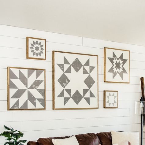 Our barn quilt pieces are incredibly versatile! Hang one as a stand alone piece, or use one in a wall or shelf grouping. Purchase several barn quilt pieces to create a stunning collage on your wall... whether it's your living room, a nursery, a dining space, a craft or sewing room, we think that our barn quilt pieces add a beautiful farmhouse touch to any space! Wal Art, Painted Barn Quilts, Barn Quilt Designs, Barn Art, Barn Quilt Patterns, Picture Quilts, Barn Quilt, Wall Quilts, Gray Design