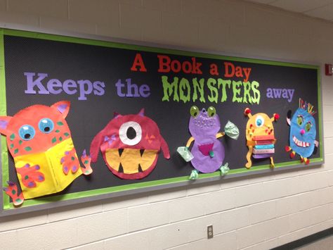 Monster Bulletin Boards, University Classroom, Monster Theme Classroom, Monster Classroom, School Book Fair, Kindergarten Bulletin Boards, Monster Board, Storybook Theme, Monster Book