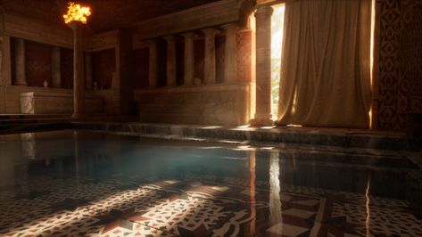 ArtStation - BathHouse Medieval Bathhouse, Greek Bathhouse, Bathhouse Aesthetic, Bathhouse Art, Roman Bathhouse, Fancy Bath, Pomegranate Wine, Fantasy Settings, Athletic Center