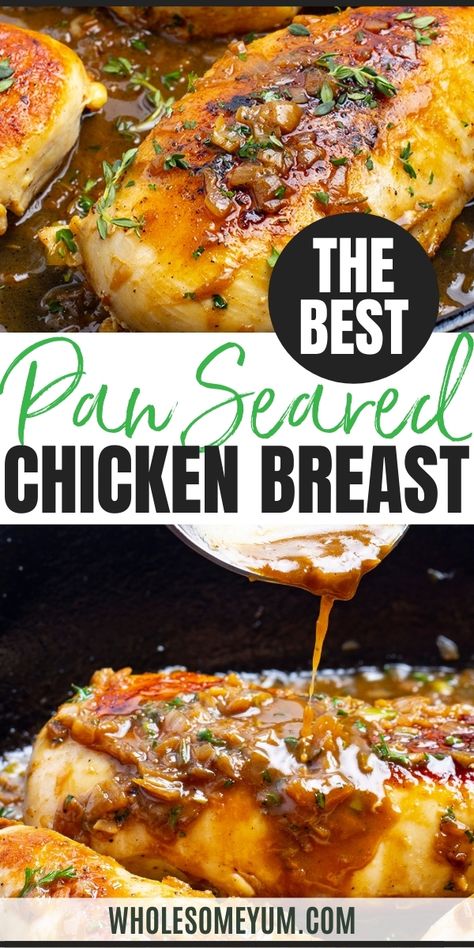 Learn how to sear chicken with this EASY stovetop pan seared chicken breast recipe. Just 25 minutes needed for perfectly juicy pan fried chicken breast, using simple ingredients. #wholesomeyum How To Sear Chicken, Simple Pan Fried Chicken, Easy Pan Seared Chicken Breast, Sautéed Chicken Breast, Chicken Breast Recipes For Two, Chicken Breast Recipes Stove Top, Wholesum Yum, Sauteed Chicken Breast Recipes, Sauted Chicken