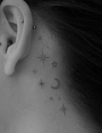 Big Dipper Tattoo Behind Ear, Taurus Constellation Tattoo Behind Ear, Celestial Behind Ear Tattoo, Constellation Ear Tattoo, Saturn Tattoo Behind Ear, Star Tattoo Behind The Ear, Under Ear Tattoos Women, Behind The Ear Neck Tattoo Ideas, Sun Ear Tattoo